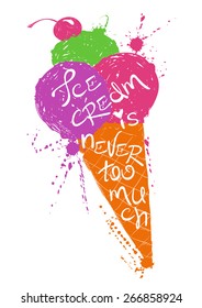 Hand drawn illustration of isolated colorful ice cream cone silhouette. Creative typography poster.