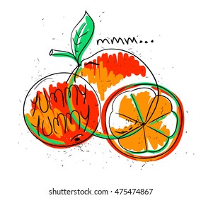 Hand drawn illustration of isolated colorful orange fruit on a white background. Bright funny cartoon orange fruit with text yummy yummy.