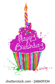 Hand drawn illustration of isolated cupcake silhouette. Creative typography poster. Birthday party concept.