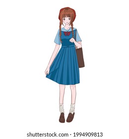 Hand drawn illustration of isolated girl wearing japanese school uniform. Vector EPS 10