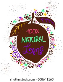 Hand drawn illustration of isolated lime silhouette with lettering and abstract creative pattern. 