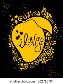 Hand drawn illustration of isolated mango silhouette and abstract creative pattern. 