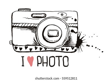 Hand drawn illustration isolated photo camera with heart. Vector illustration