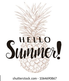 Hand drawn illustration of isolated pineapple silhouette. Typography poster with lettering Hello summer