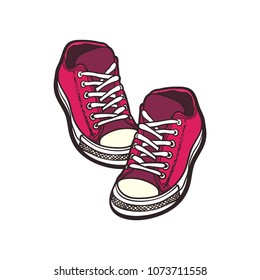 Hand drawn illustration with isolated shoes. Sport boots in hand drawn graphic for logo, poster, postcard, fashion booklet, flyer. Grunge sketch with sneakers.Vector fashion illustration of pink shoes