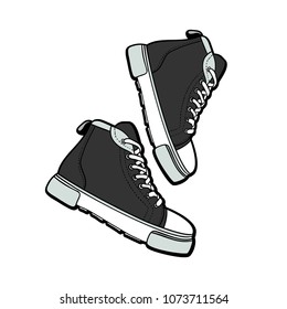 Hand drawn illustration with isolated shoes. Sport boots in hand drawn graphic for logo, poster, postcard, fashion booklet, flyer.Grunge sketch with sneakers.Vector fashion illustration of black shoes