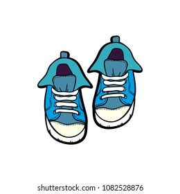 Hand drawn illustration with isolated shoes. Baby boots in hand drawn graphic for logo, poster, postcard, fashion booklet. Grunge sketch with sneakers. Vector fashion illustration of blue shoes.