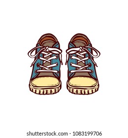 Hand drawn illustration with isolated shoes. Baby boots in hand drawn graphic for logo, poster, postcard, fashion booklet. Grunge sketch with sneakers. Vector fashion illustration of blue shoes.