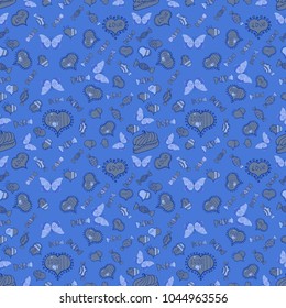 Hand drawn illustration, isolated. Watercolor hearts seamless pattern. Love symbol, beautiful, lovely, romantic, holiday decoration. Blue and violet colours, polka dots, striped. Vector illustration.