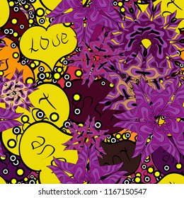 Hand drawn illustration, isolated. Watercolor hearts seamless pattern. Love symbol, beautiful, lovely, romantic, holiday decoration. Yellow, purple and black colours, polka dots, striped. Vector.