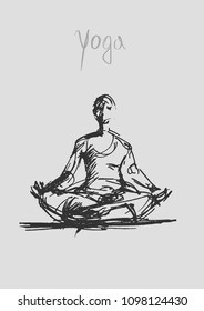 Hand drawn illustration. Isolated woman silhouette sitting in lotus pose of yoga. Sketch style