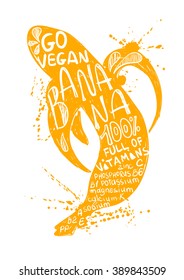 Hand drawn illustration of isolated yellow banana silhouette on a white background. Typography poster with lettering inside the banana.