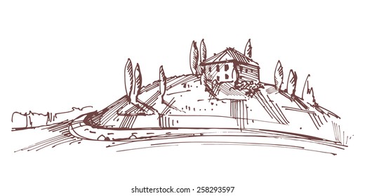 Hand drawn illustration of an Italian house on hill