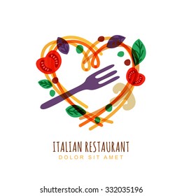 Hand drawn illustration of italian spaghetti in heart shape, tomato, basil and fork. Abstract vector logo design template. Trendy concept for pasta label, restaurant menu, cafe, fast food, pizzeria. 