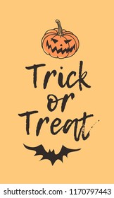 Hand drawn illustration Jack O Lantern and Quote. Creative ink art work. Actual vector drawing Pumpkin and Bat. Artistic isolated Halloween objects and text: Trick or Treat