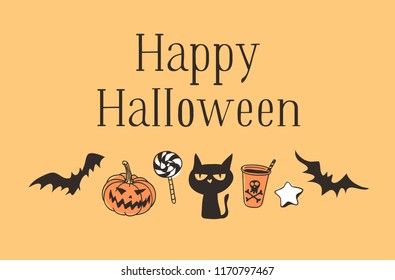 Hand drawn illustration Jack O Lantern, Bat, Candy, Cat, Drink, Star Cookie and Quote. Creative ink art work. Actual vector drawing. Artistic isolated Halloween objects and text: Happy Halloween