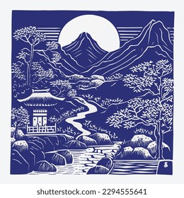 hand drawn illustration of Japan rural landscape. Linocut style