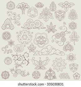  Hand drawn illustration of japanese ornamental floral Design elements . outline asian set