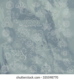 Hand drawn illustration of japanese ornamental floral Design elements . outline asian set on grunge background