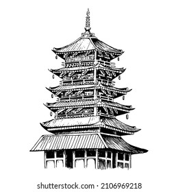 ilustración a mano de pagoda japonesa, estructura de templo budista, dibujada en estilo grabado, aislada en fondo blanco