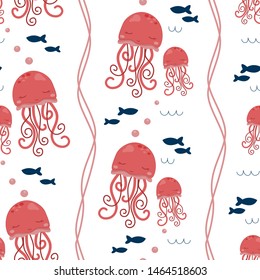 Hand drawn illustration of a jellyfish. Vector seamless pattern for birthday, anniversary, party invitation, scrapbooking, t-shirt, greeting card. Vector illustration.