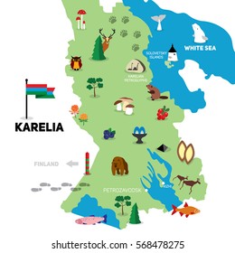 Hand drawn illustration of Karelian map. Travel to Karelia concept. Karelian symbols on the map.