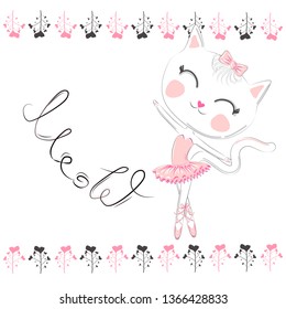 Hand drawn illustration of a kawaii funny cat in a pink ballet tutu. Design concept, children print.