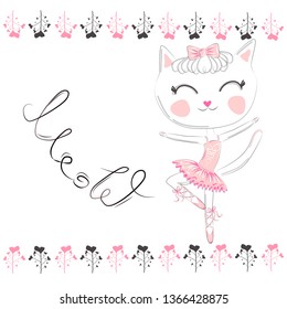 Hand drawn illustration of a kawaii funny cat in a pink ballet tutu. Design concept, children print.