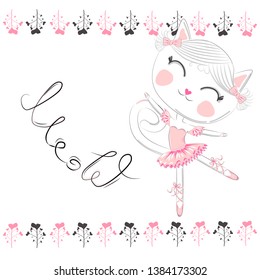 Hand drawn illustration of a kawaii funny cat in a pink ballet tutu. Design concept, children print.