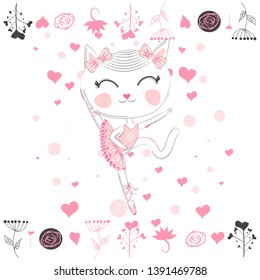 Hand drawn illustration of a kawaii funny cat in a pink ballet tutu. Design concept, children print.
