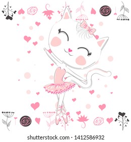 Hand drawn illustration of a kawaii funny cat in a pink ballet tutu. Design concept, children print.