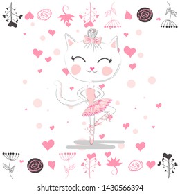 Hand drawn illustration of a kawaii funny cat in a pink ballet tutu. Design concept, children print.