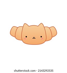 Hand drawn illustration of a kawaii funny croissant with cat ears. Design concept for cat cafe, children print.