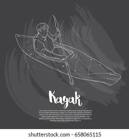 hand drawn illustration of kayaking on chalkboard background.