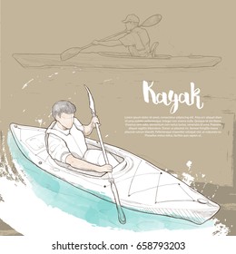 Hand drawn illustration of kayaking on design background