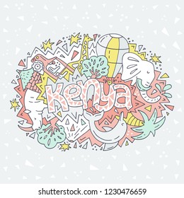 Hand drawn illustration of Kenya with lettering and main symbols of the country.