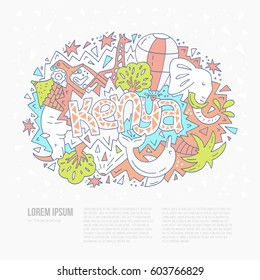 Hand drawn illustration of Kenya with lettering and main symbols of the country.