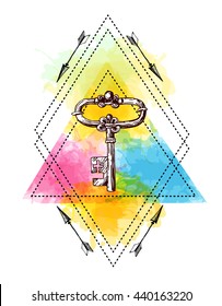 Hand drawn illustration key. Sketch of key. Tattoo style key on the watercolor background. Use for boho poster or T-shirt.