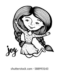 Hand drawn illustration of kid. Vector Illustration - stock vector. Cute beautiful girl jumping. Happy child. Joy