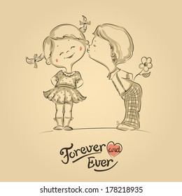 Hand drawn Illustration of kissing boy and girl