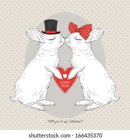 Hand Drawn Illustration of kissing bunnies, Valentine Day , Love