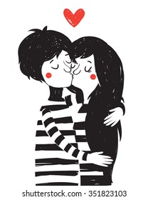 Hand drawn illustration with kissing couple. Valentine day greeting card.