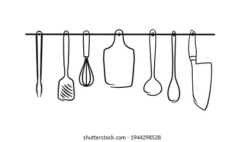 Hand drawn illustration of kitchen accessories hanging on the rod on the wall in the kitchen, isolated