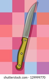 hand drawn illustration of a kitchen knife over a tablecloth pattern with squares