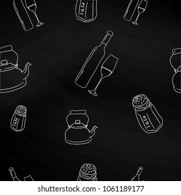 Hand drawn illustration kitchen tools on a black background seamless pattern. Kitchen  equipments  Doodle. Vector illustration. Icons Hand Drawn. Wine glass and bottle, salt, kattle