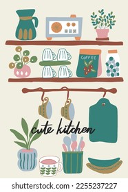 Hand drawn illustration kitchen tools on half white background. Modern cozy interior of the kitchen with shelves, dishes and household appliances. Vector flat digital illustration in cartoon style.