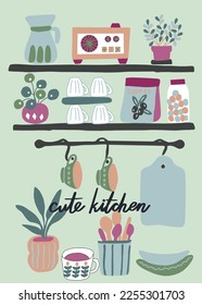 Hand drawn illustration kitchen tools on green background. Modern cozy interior of the kitchen with shelves, dishes and household appliances. Vector flat digital illustration in cartoon style.