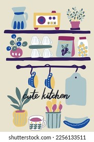 Hand drawn illustration kitchen tools on white background. Modern cozy interior of the kitchen with shelves, dishes and household appliances. Vector flat digital illustration in cartoon style.