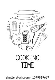 Hand drawn illustration with Kitchen Utensils. Actual vector drawing of coocking tools and quote. Creative doodle style ink art work. Kitchen set and text COOKING TIME