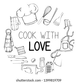 Hand drawn illustration with Kitchen Utensils. Actual vector drawing of coocking tools and quote. Creative doodle style ink art work. Kitchen set and text COOK WITH LOVE